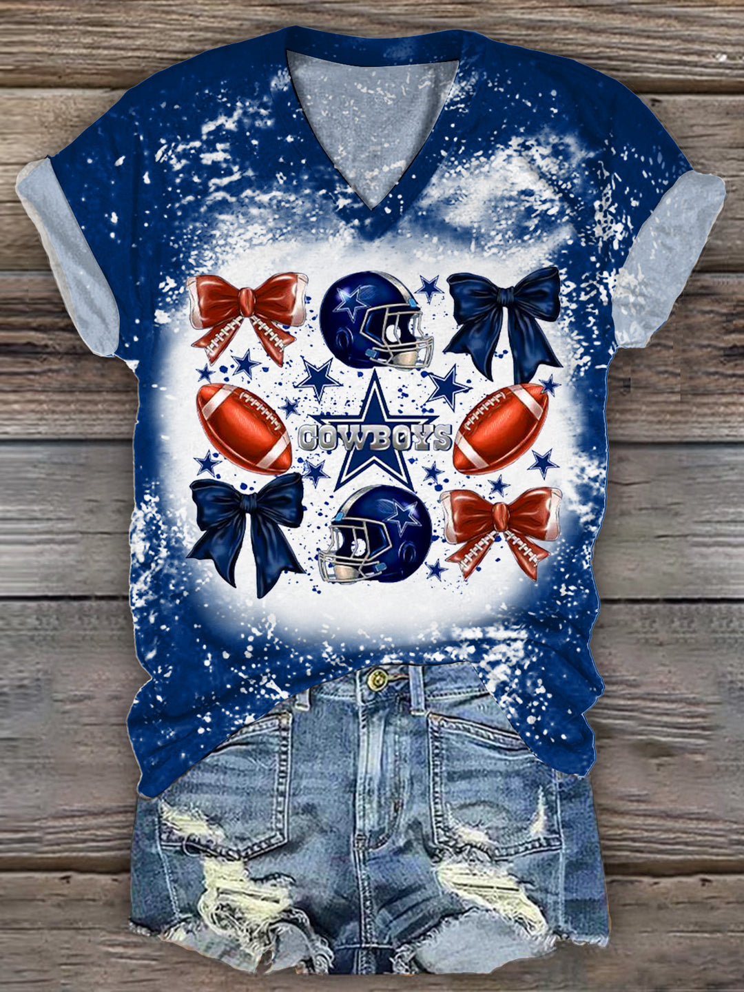 Women's Cowboy Coquette Bow Tie Dye V-Neck T-Shirt