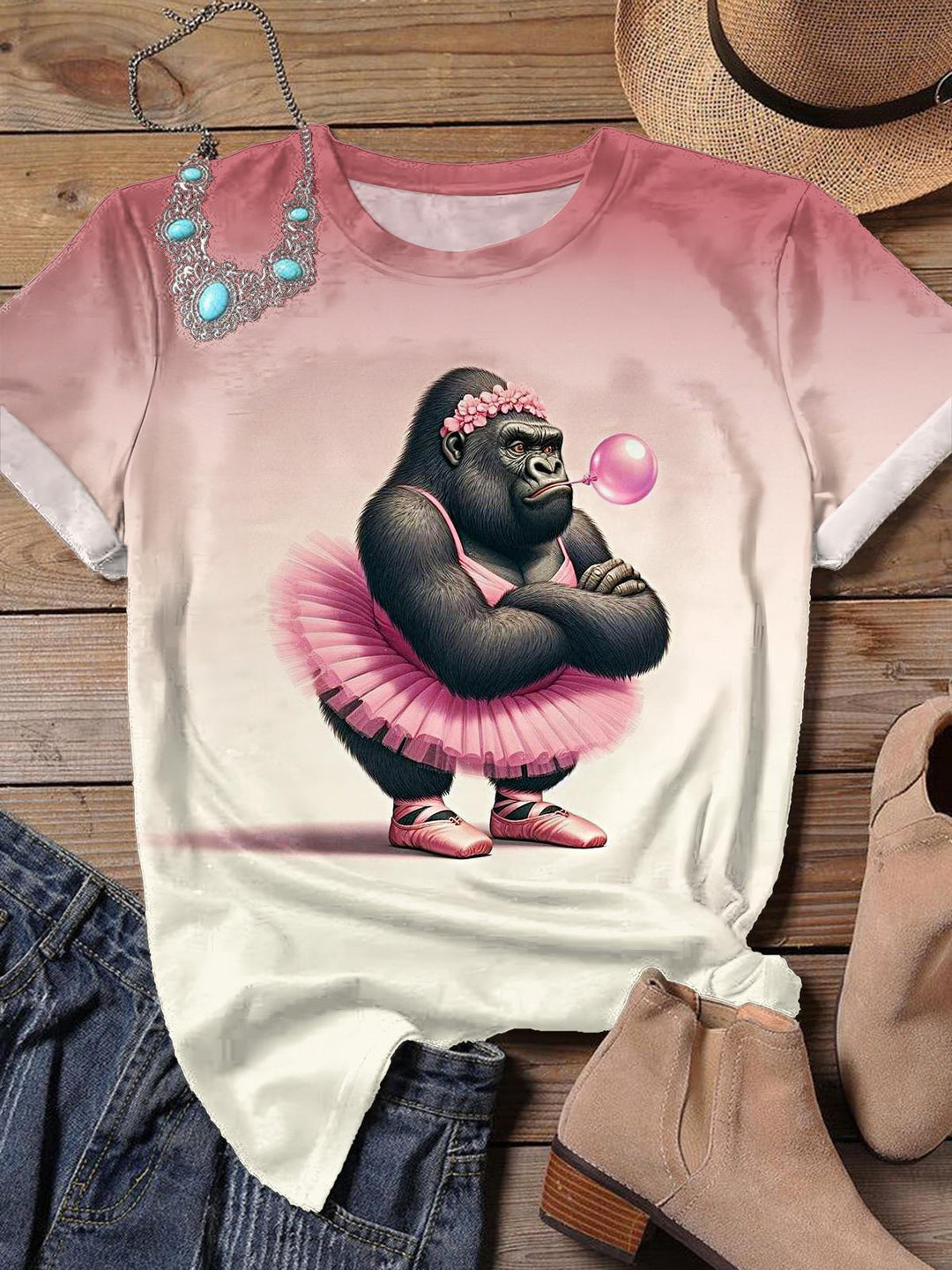Cute Funny Gorilla Printed Crew Neck T-shirt