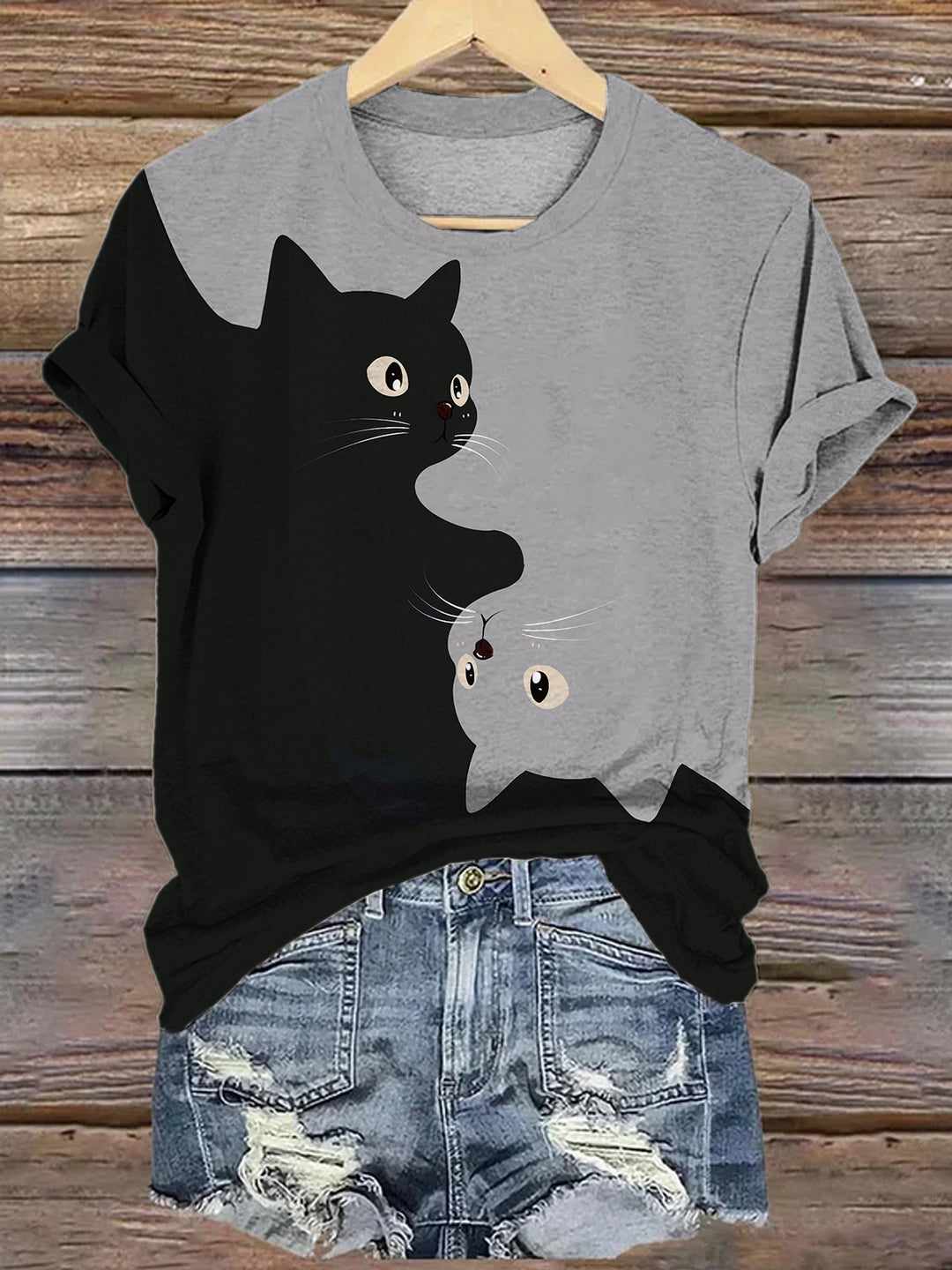 Women's Fun Cat Colorblock Print Crew Neck T-shirt