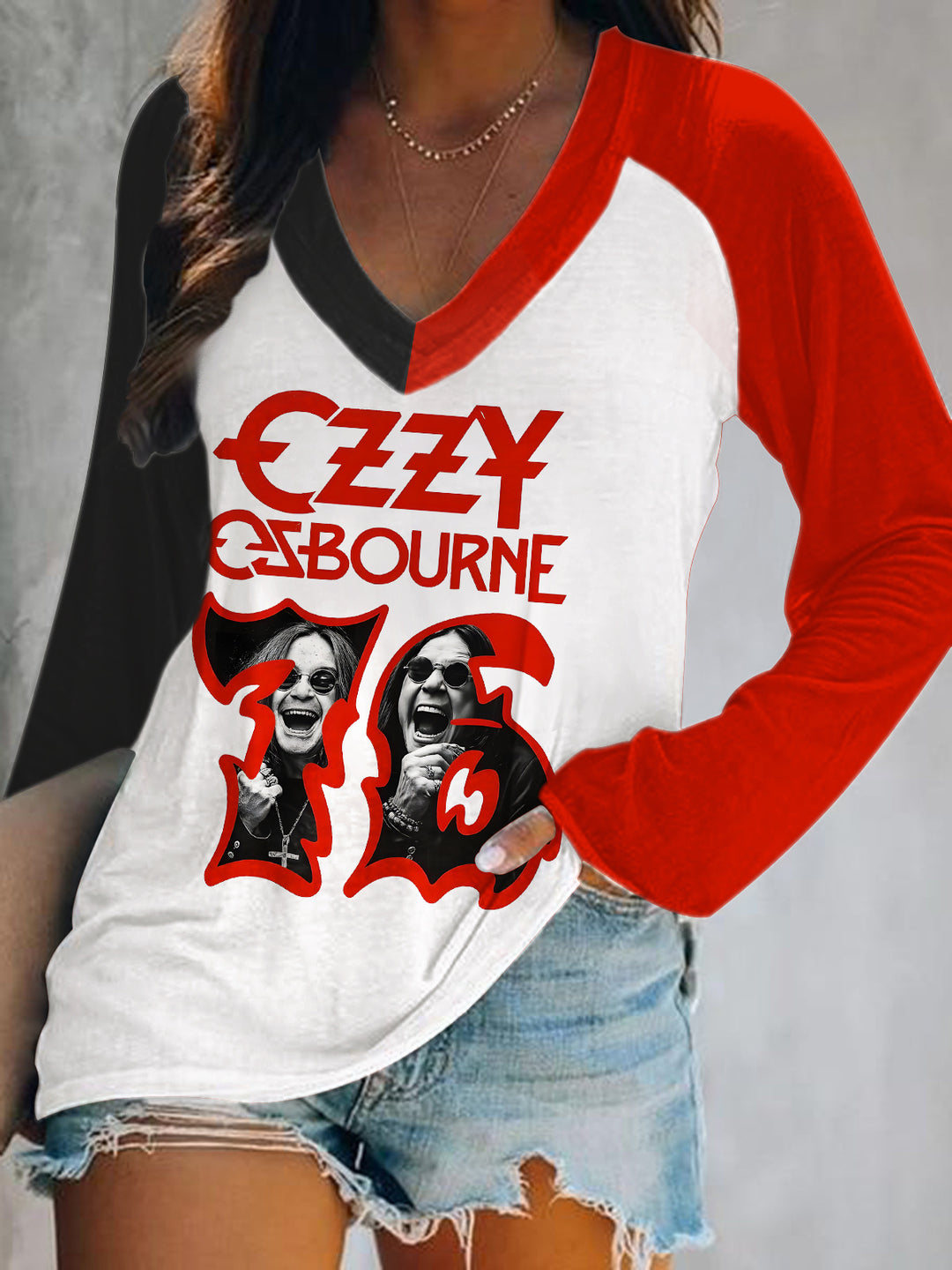 Ozzy Osbourne Color Collision Print V-Neck Long Sleeve Top
