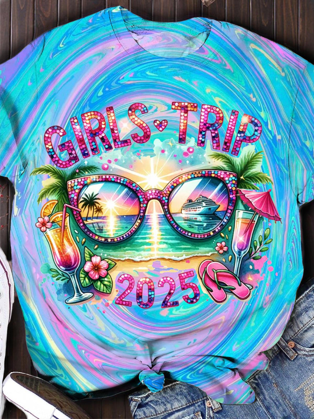 Girls Trip Friends Vacation 2025 Crew Neck T-shirt