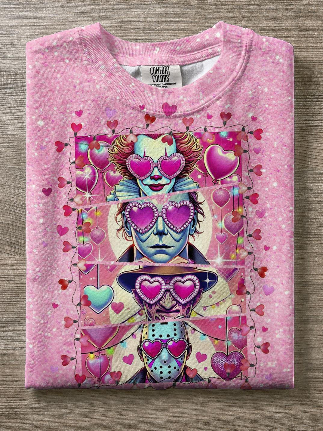 Two-Sides Horror Characters Valentine Bundle Crew Neck T-shirt