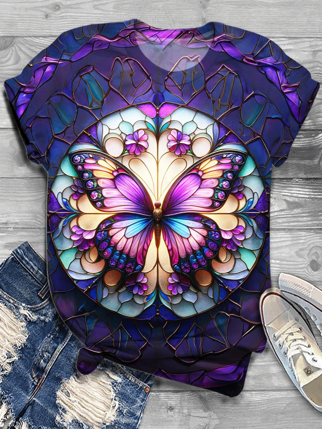 Women's Purple Butterfly Print Casual Top