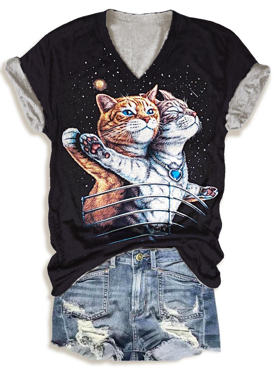 Damen-T-Shirt mit V-Ausschnitt und Titanic-Katzen-Print