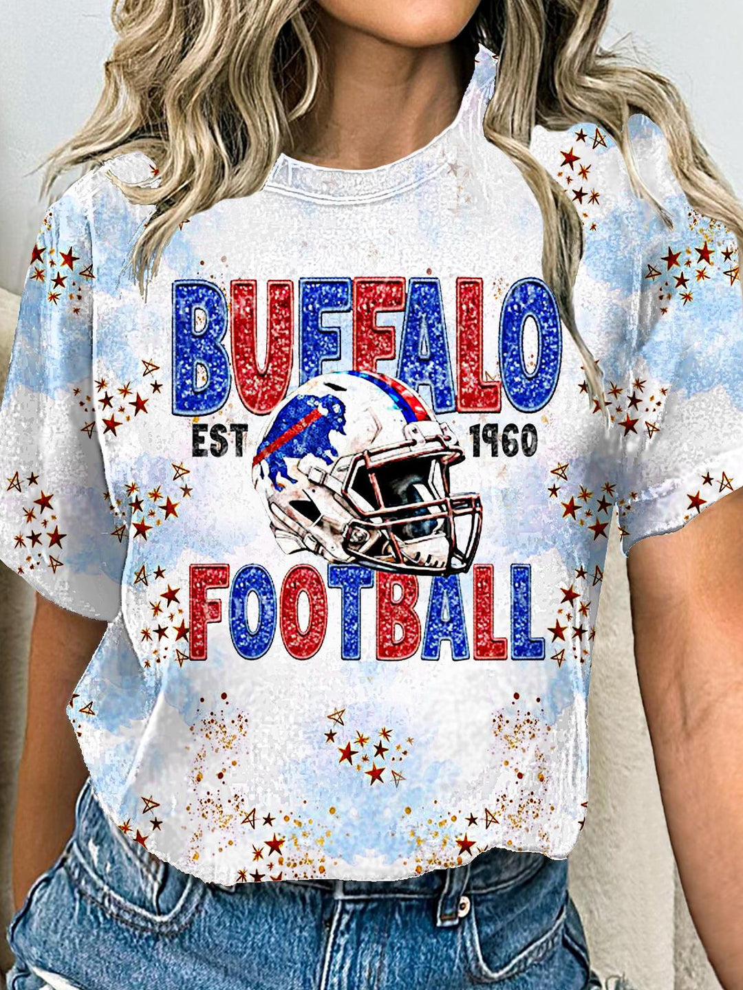 Women's Buffalo Football Faux Sequin Faux Embroidery Print Crew Neck T-shirt