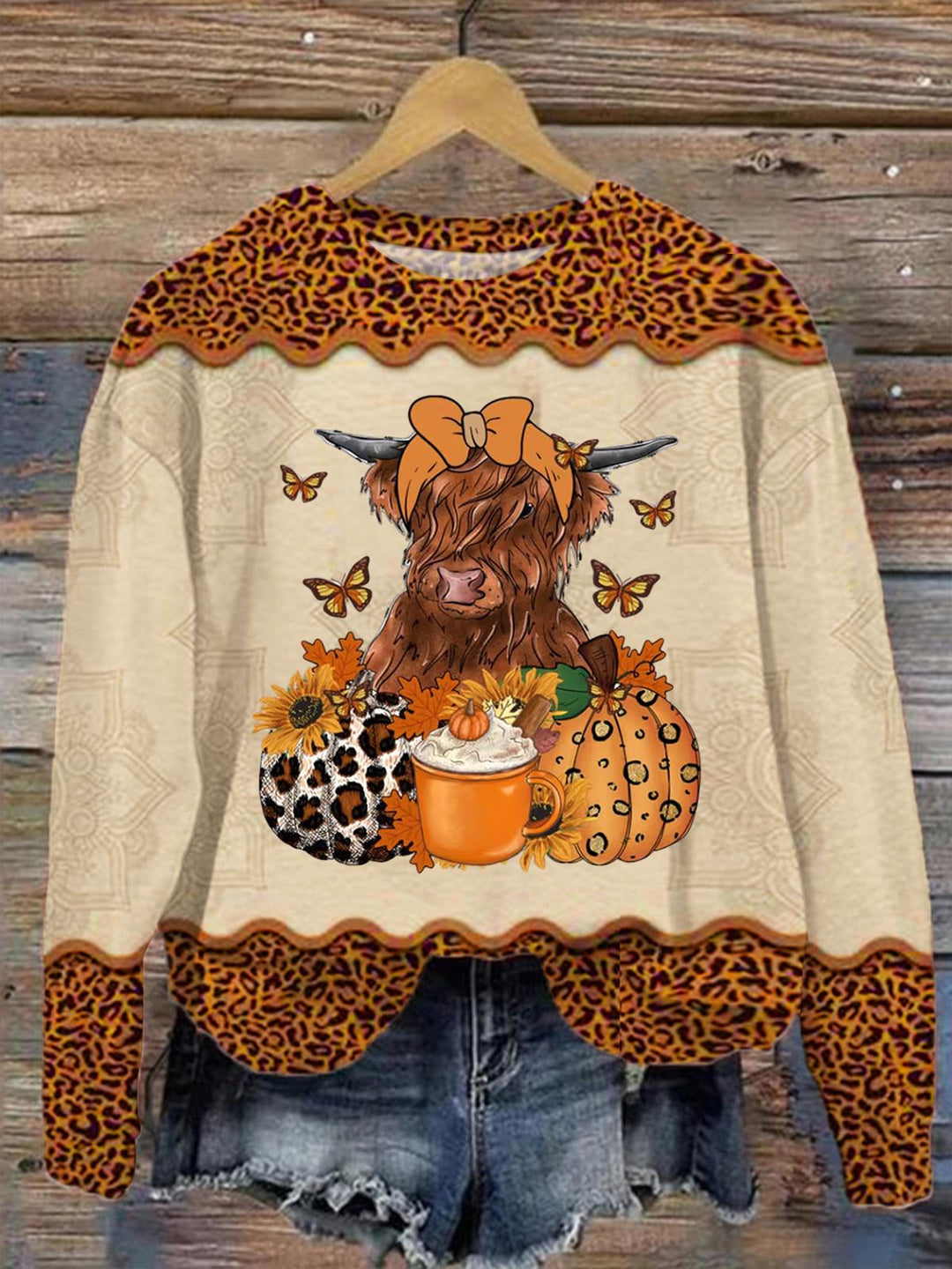 Leopard Highland Cow Print Round Neck Long Sleeve Top