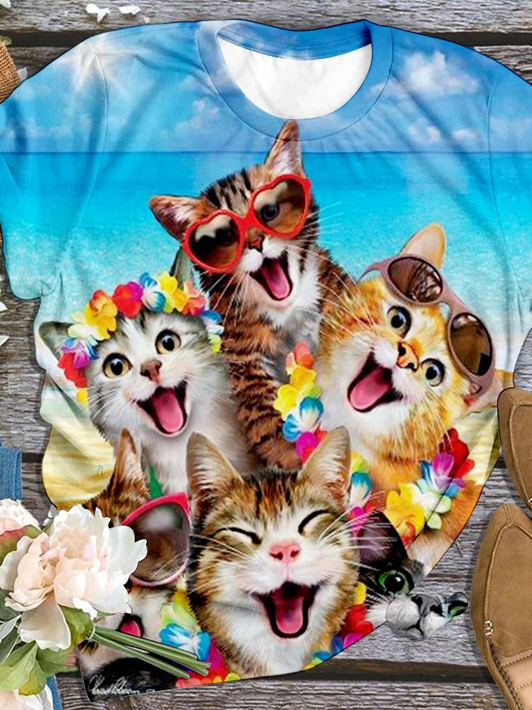 Damen-Top mit Urlaubs- und Strand-Katzen-Print