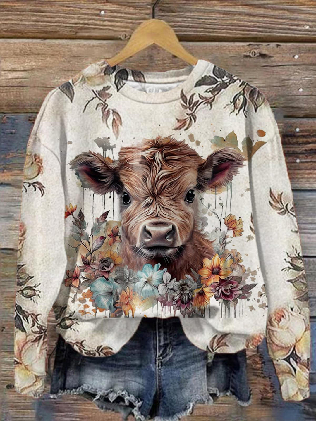 Langärmliges Oberteil mit floralem Highland Cow-Print für Damen