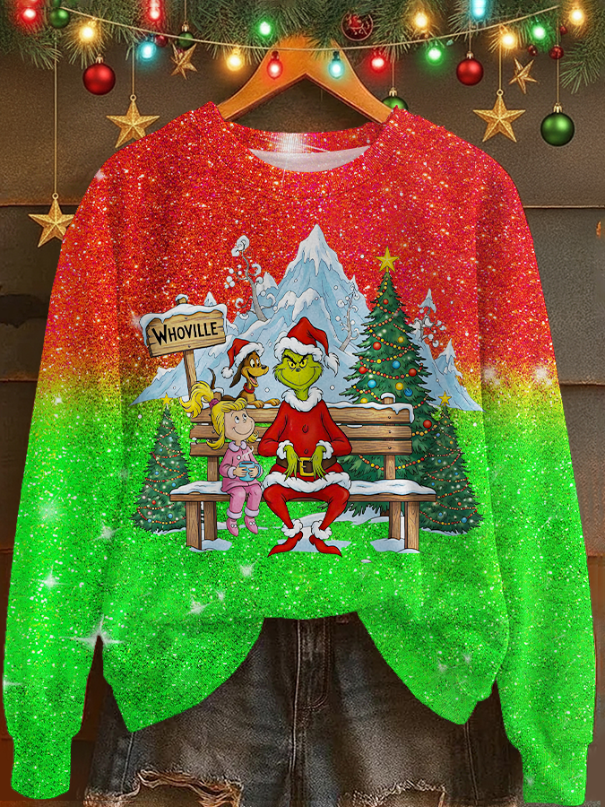 Retro Christmas Printed Long Sleeve Casual Top