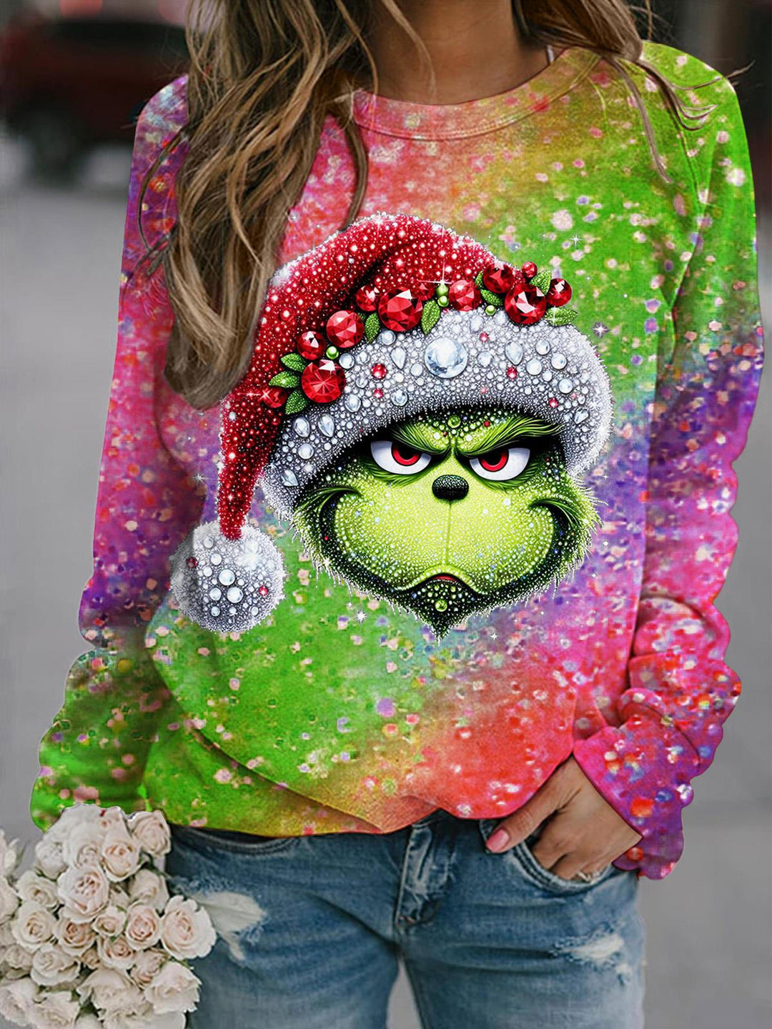 Women's Christmas Santa Hat Star Gradient Print Casual Long Sleeve Top