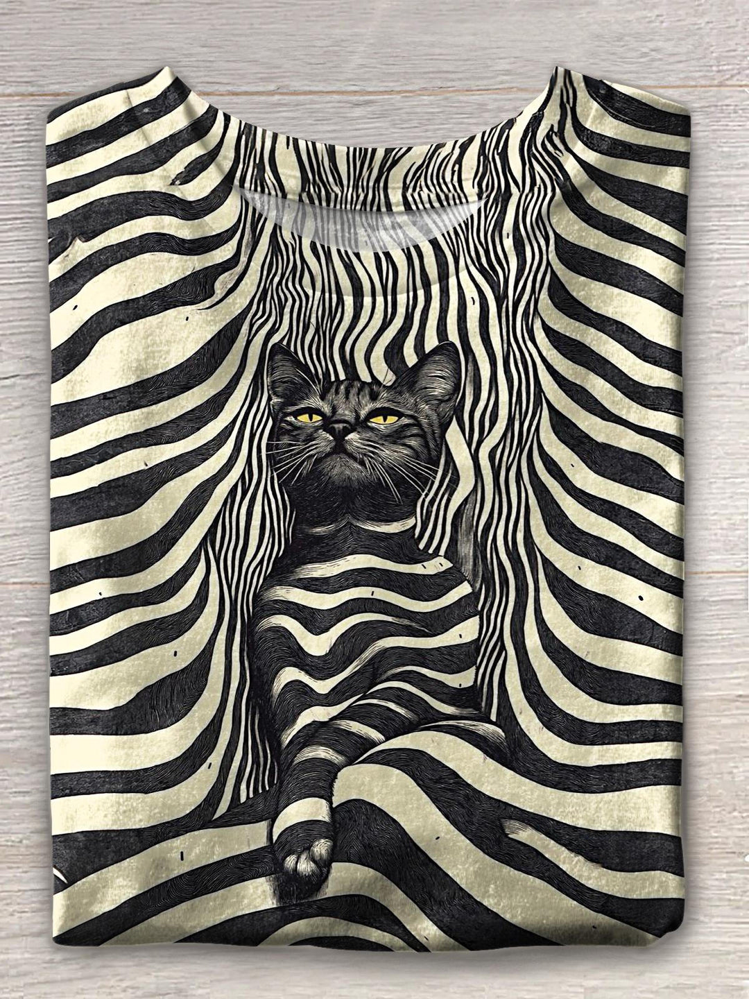 Line Zebra Cat Print Crew Neck T-shirt