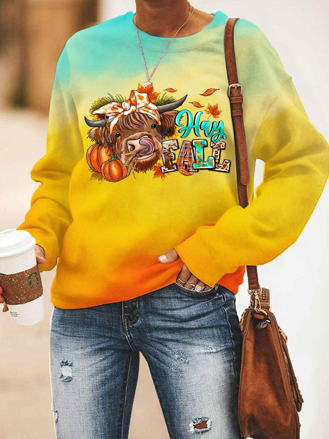 Women's Gradient Highland Cow Print Long Sleeve Top
