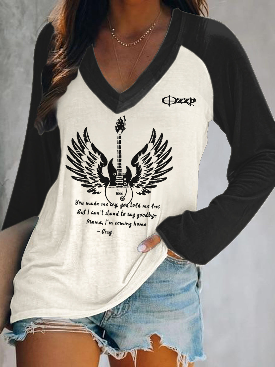 Ozzy Osbourne Print V-Neck Long Sleeve Top