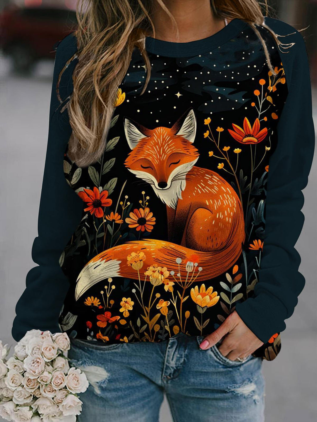 Women's Floral Fox Long Sleeve Printed Top
