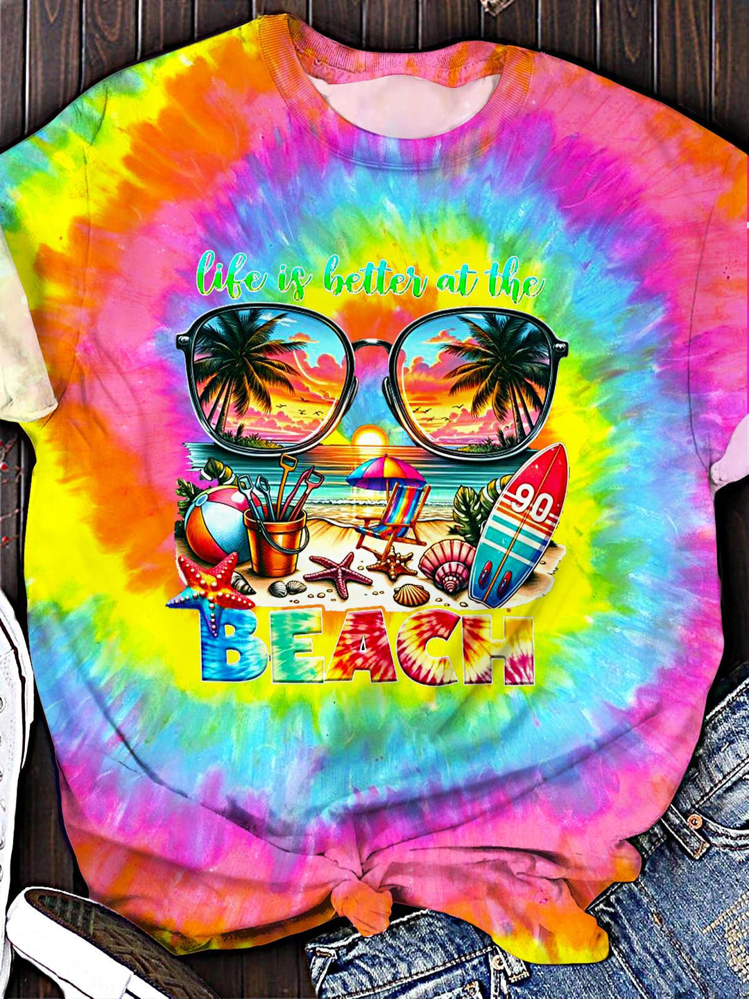 Beach Vacation Summer Happy Print Crew Neck T-shirt