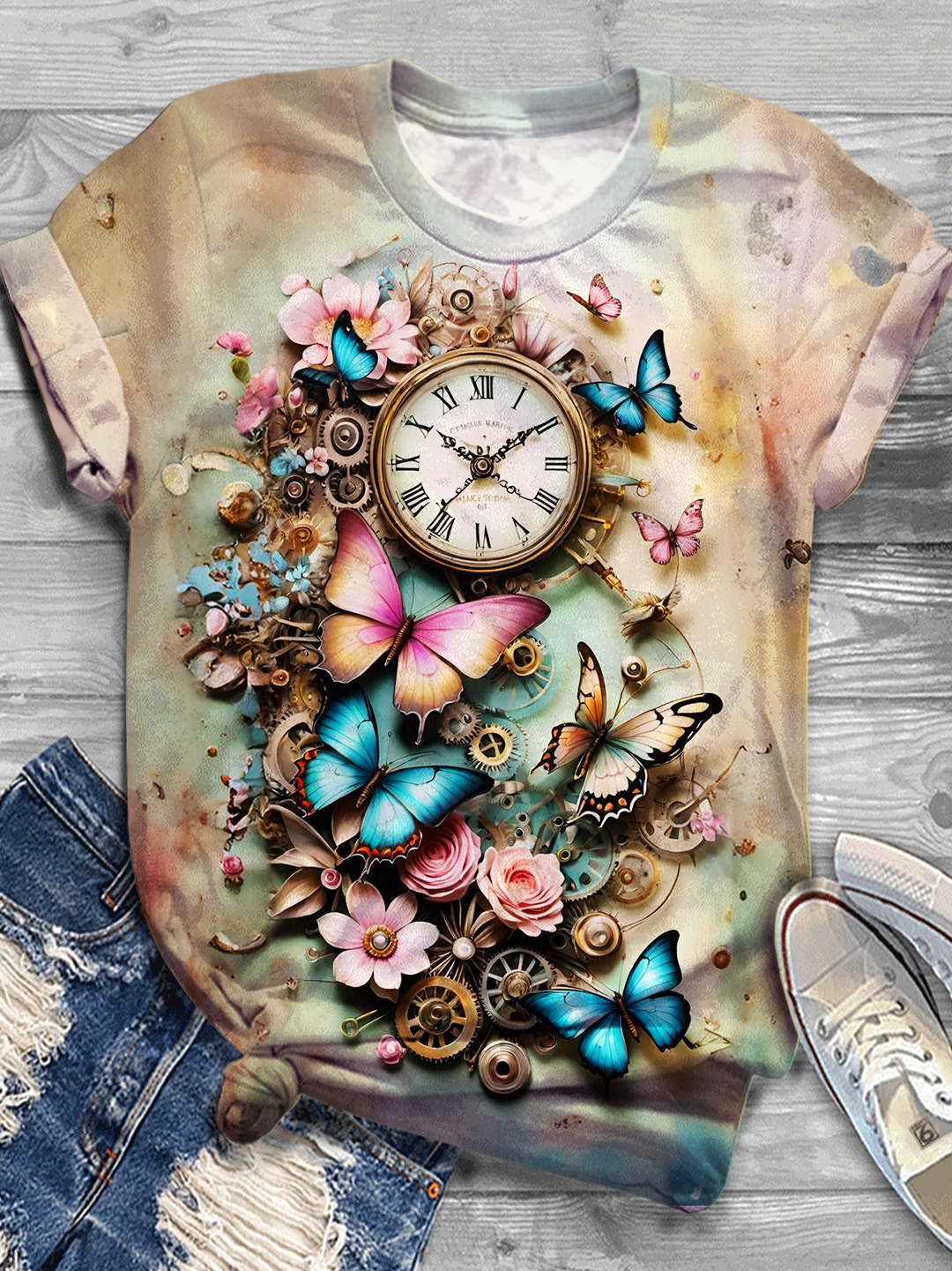 Retro Pocket Watch Butterfly Print Crew Neck T-shirt