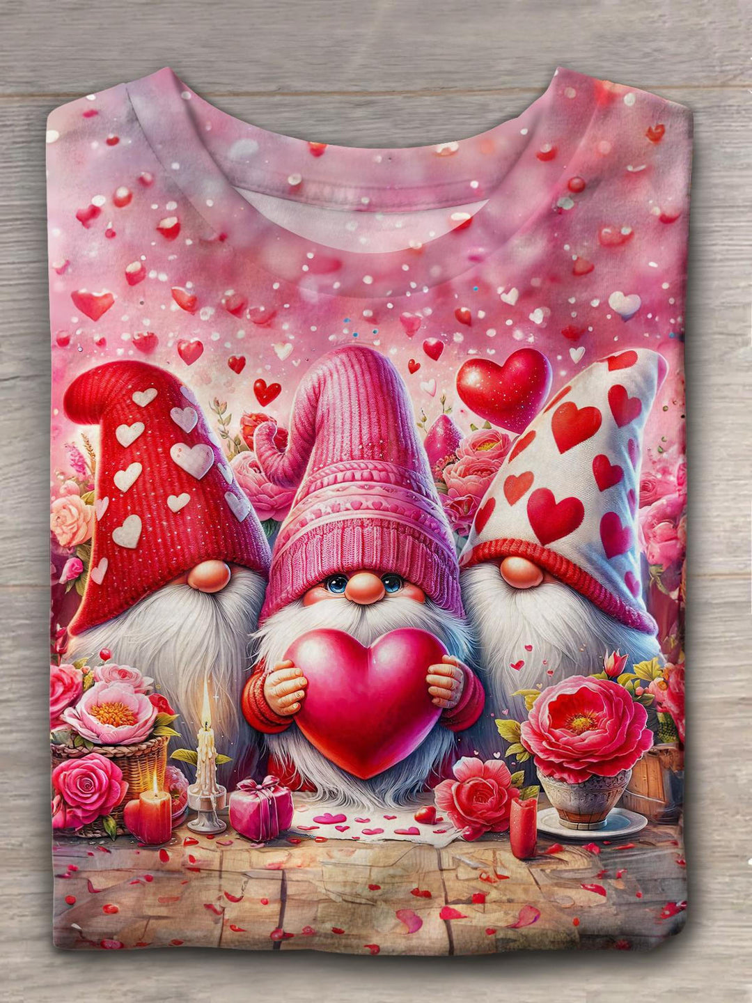 Valentine Gnomes Heart Crew Neck T-shirt
