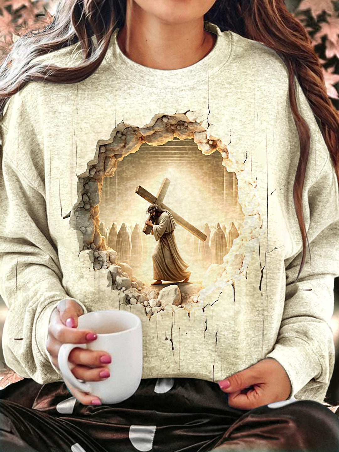Jesus And Cross Cave Wall Cracked 3D Printed Crew Neck Casual Sweatshirt