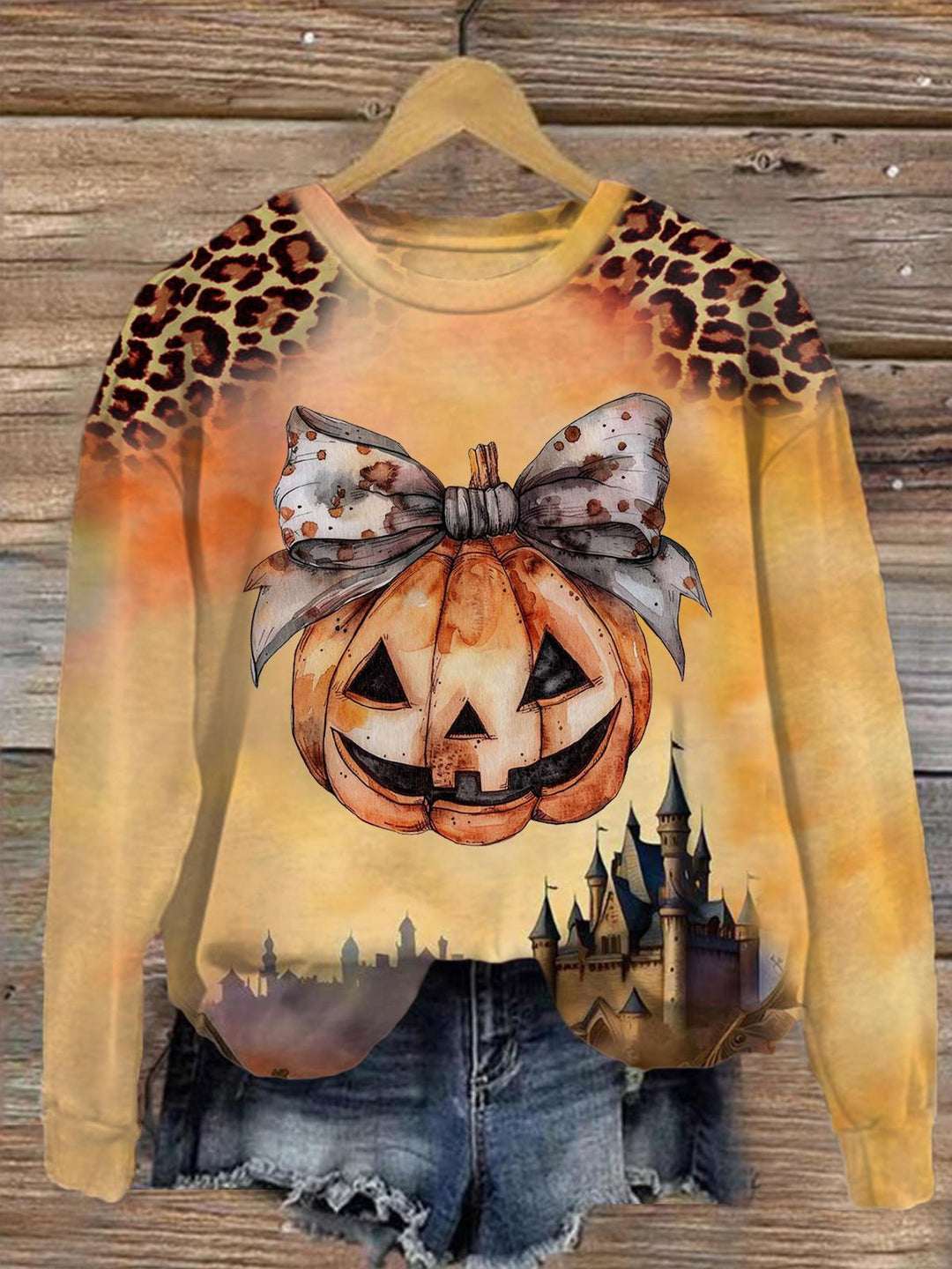 Damen-Langarmshirt mit Rundhalsausschnitt und Kürbis-Leopardenmuster