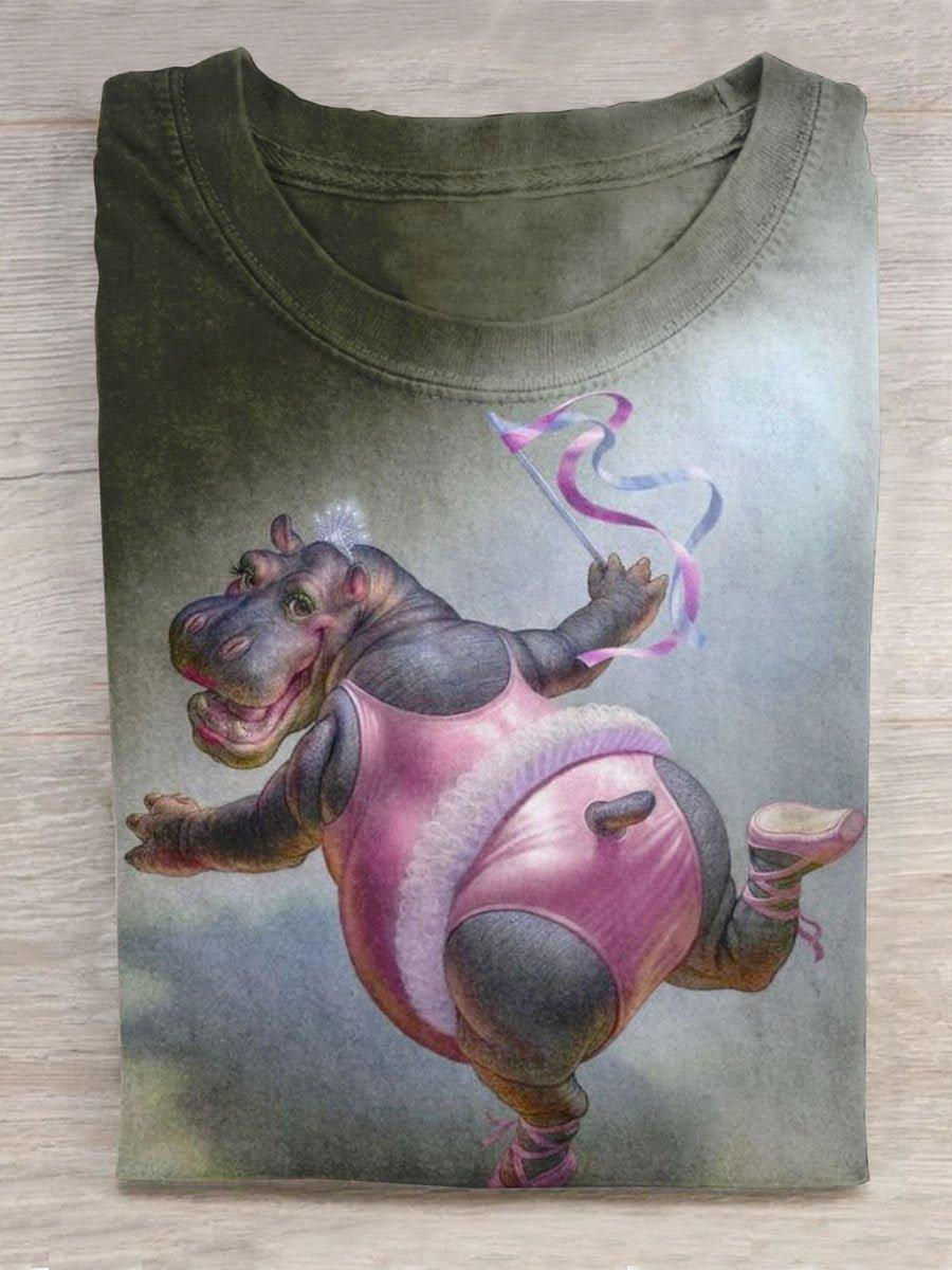 Funny Dance Hippo Printed Crew Neck T-shirt
