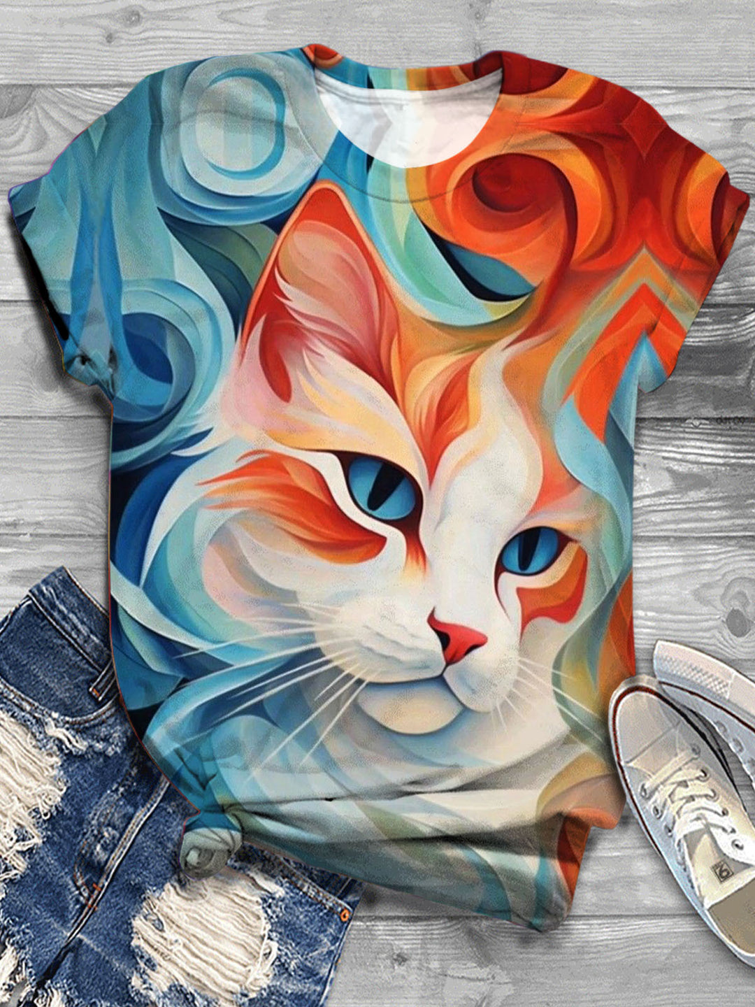 Women's Geometric Cat Print T-Shirt