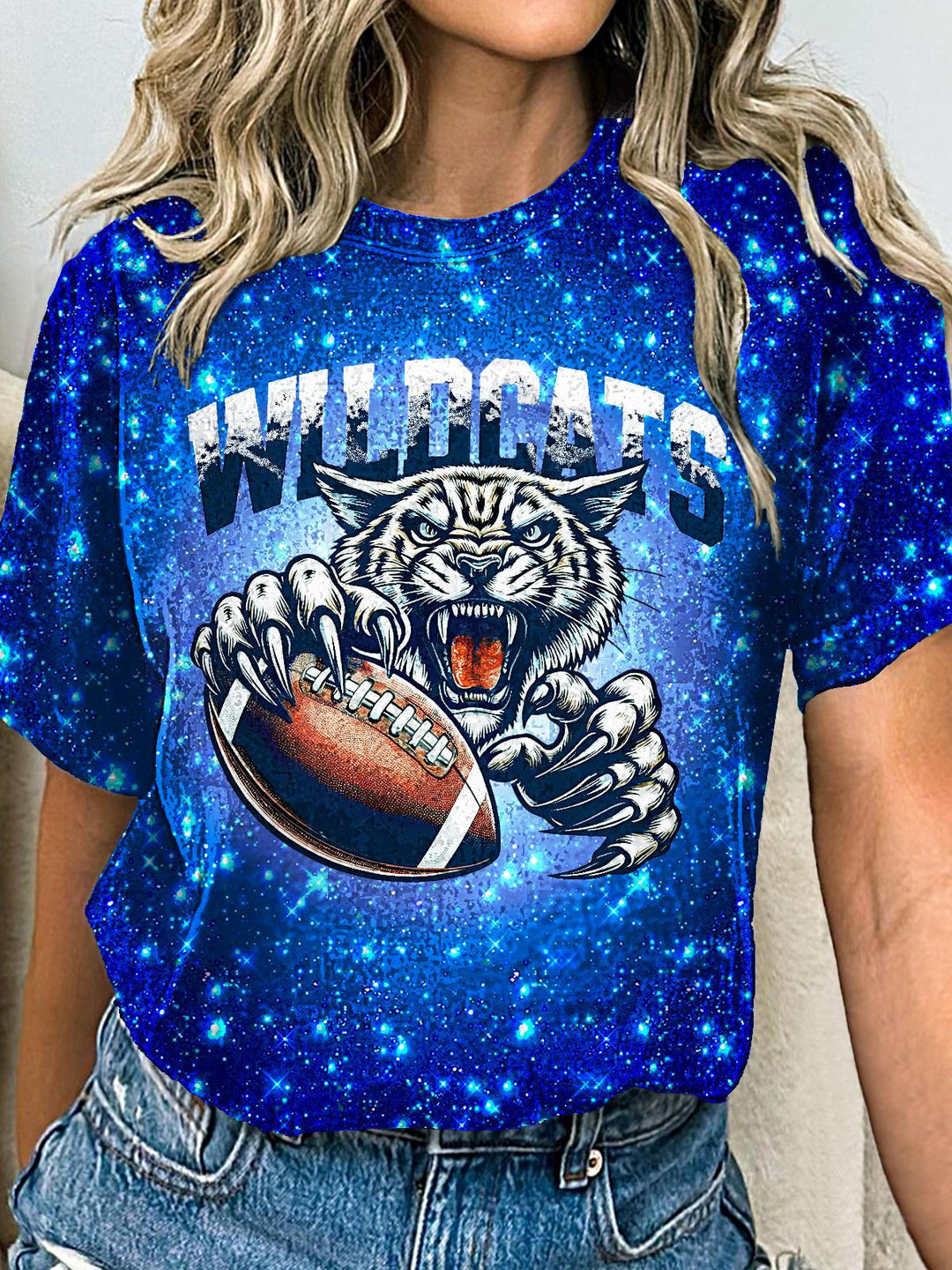 Blue Wildcats Football Crew Neck T-shirt