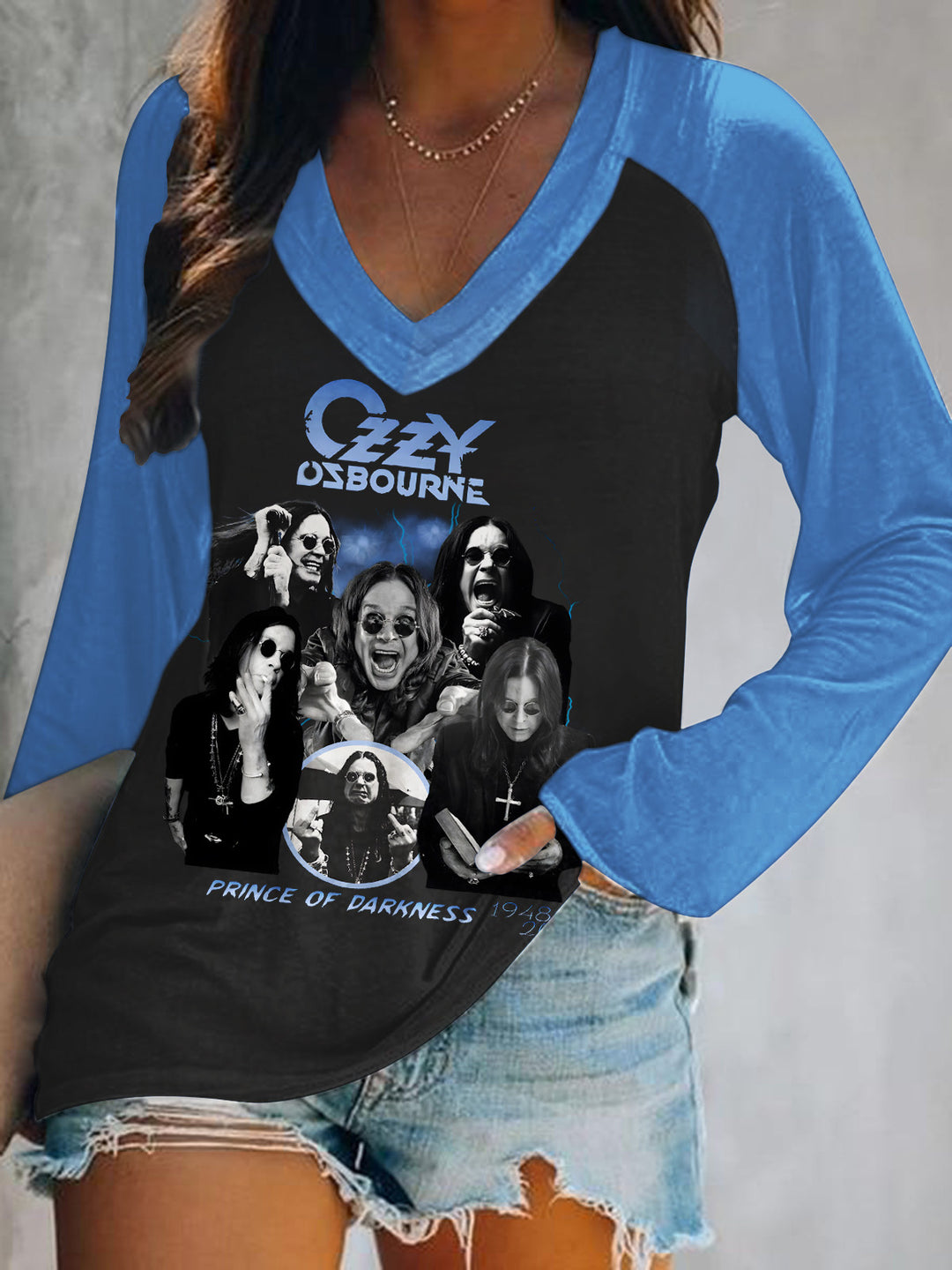 Ozzy Osbourne Print V-Neck Long Sleeve Top