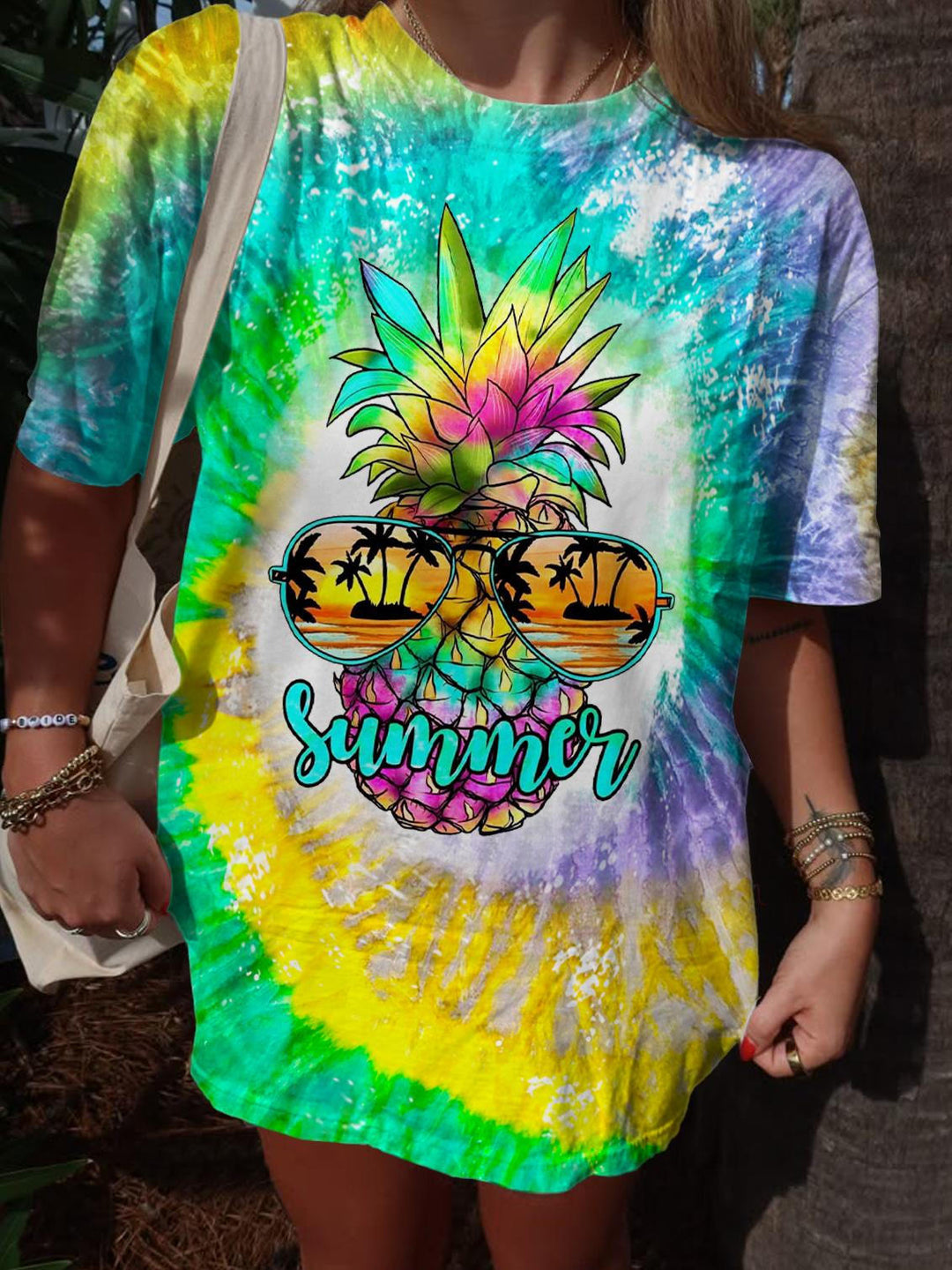 Summer Vacation Pineapple Print Crew Neck T-shirt