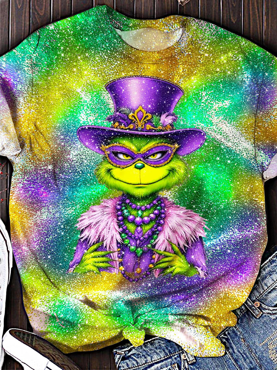 Carnival Mardi Gras Green Fur Monster print Crew Neck T-shirt