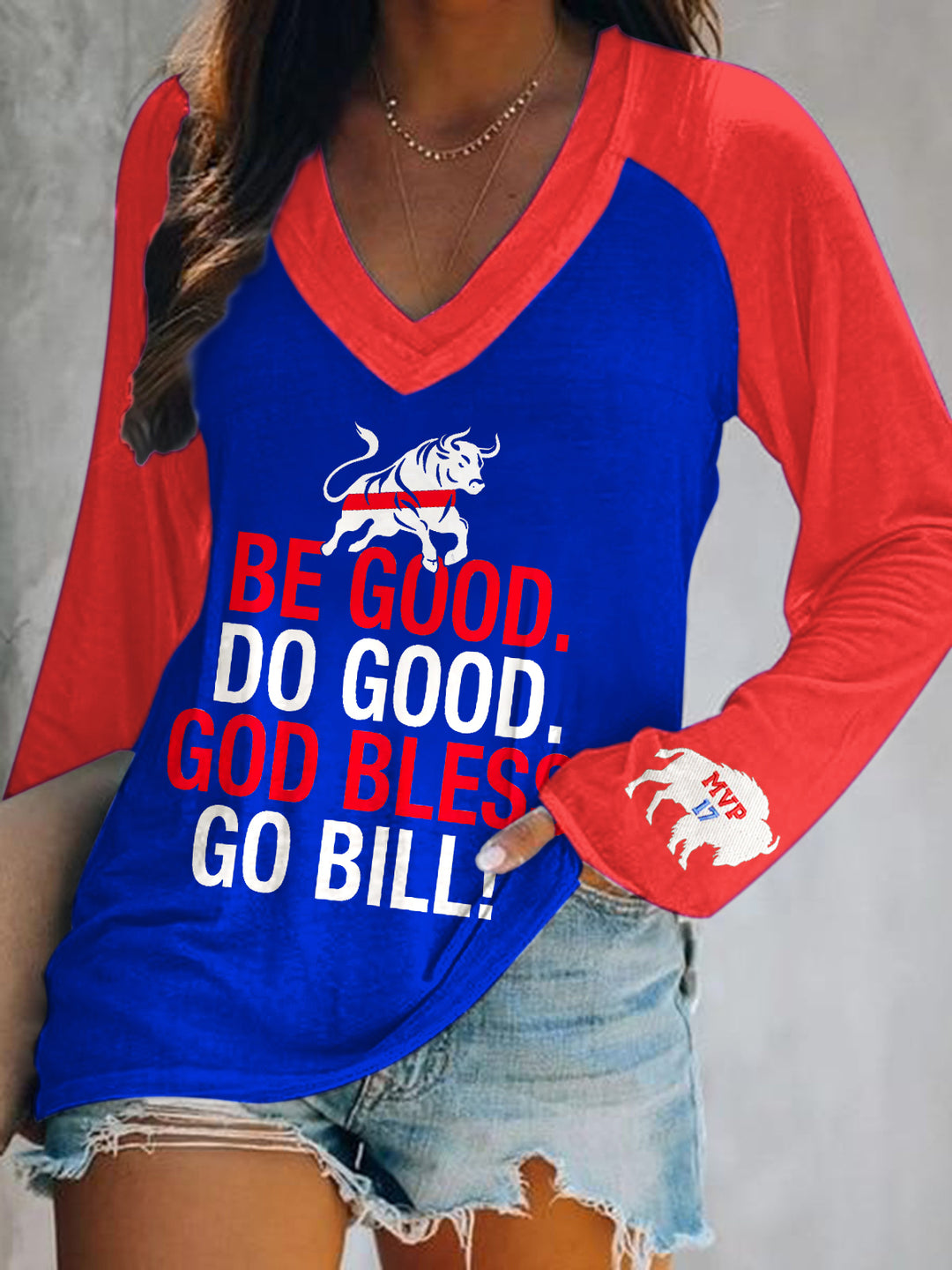 Buffalo Bills Print V-Neck Long Sleeve Top