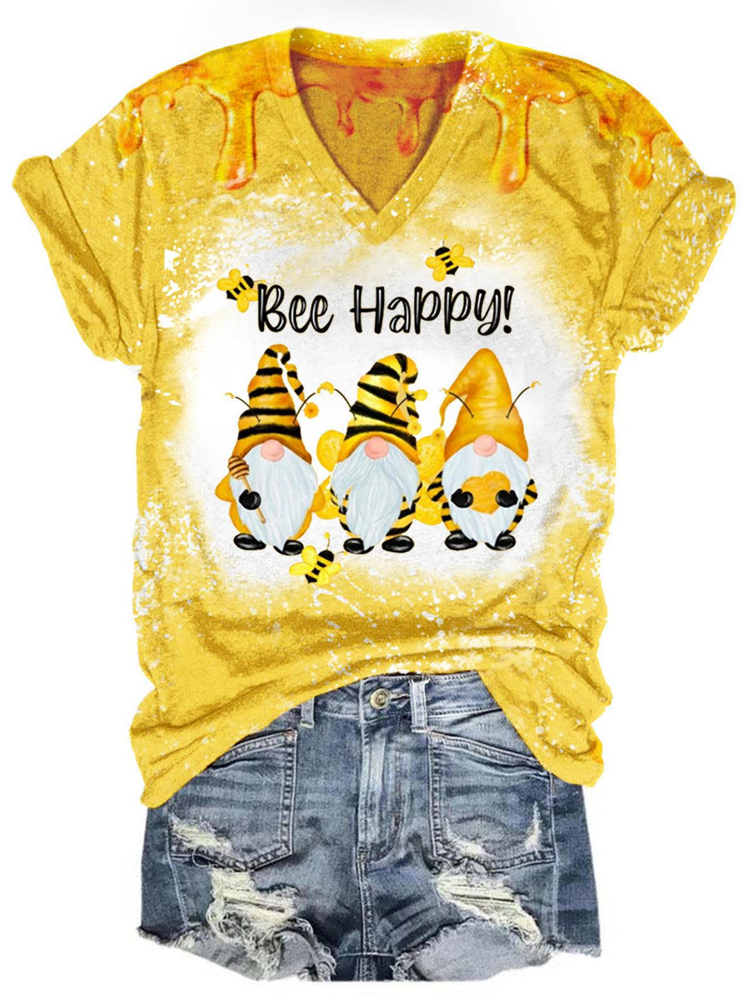 Women's Bee Gnome Print Tie Dye V-Neck T-Shirt