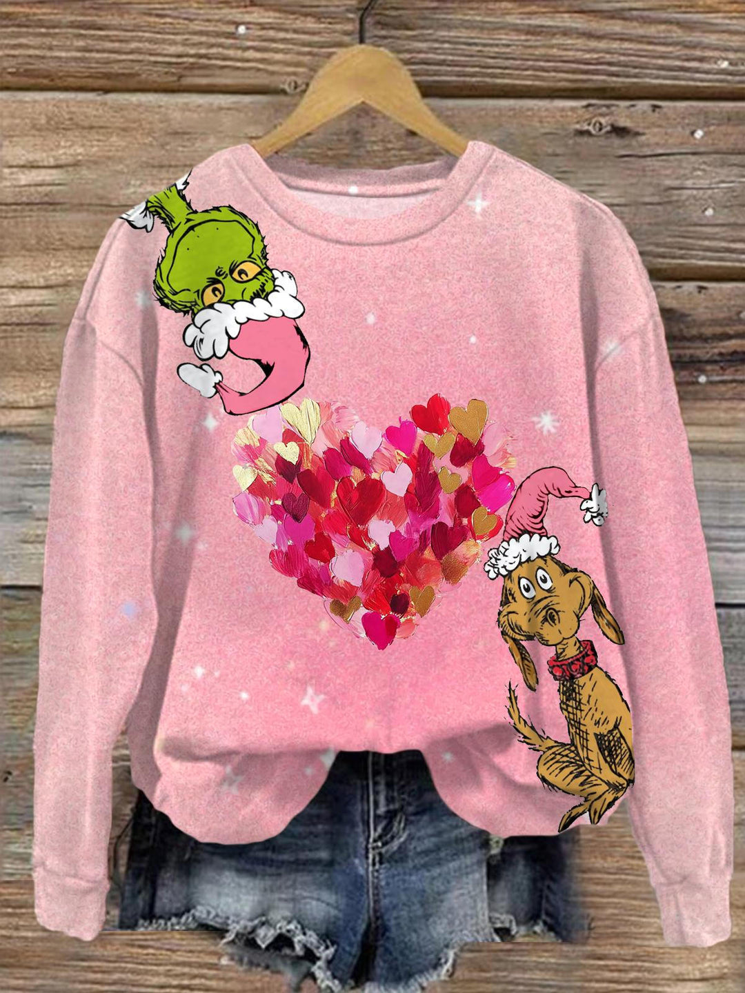Heart Design Mean Green Guy Valentines Printed Long Sleeve Casual Top