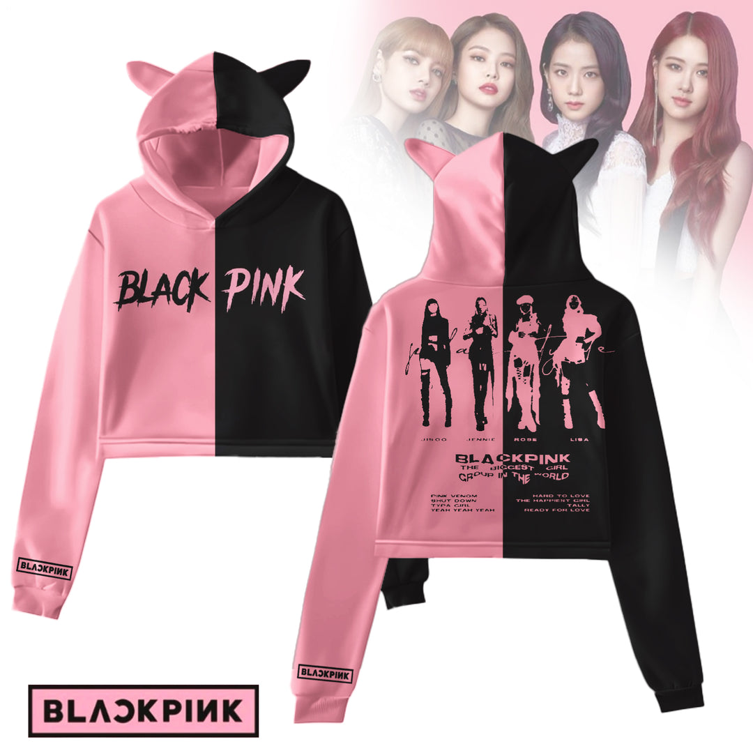 Blackpink Print Fur Rabbit Hat Short Dress Long Sleeve