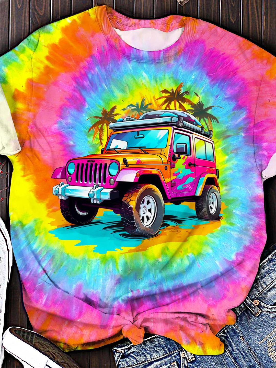 Summer Vacation Jeep Printed Crew Neck T-shirt