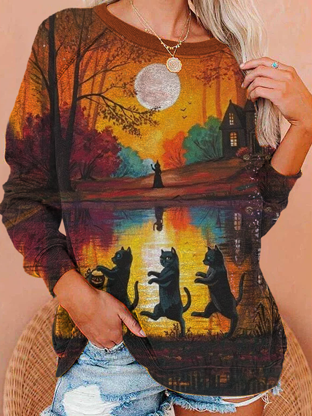 Cat And Witch With Lantern Long Sleeve Casual Top