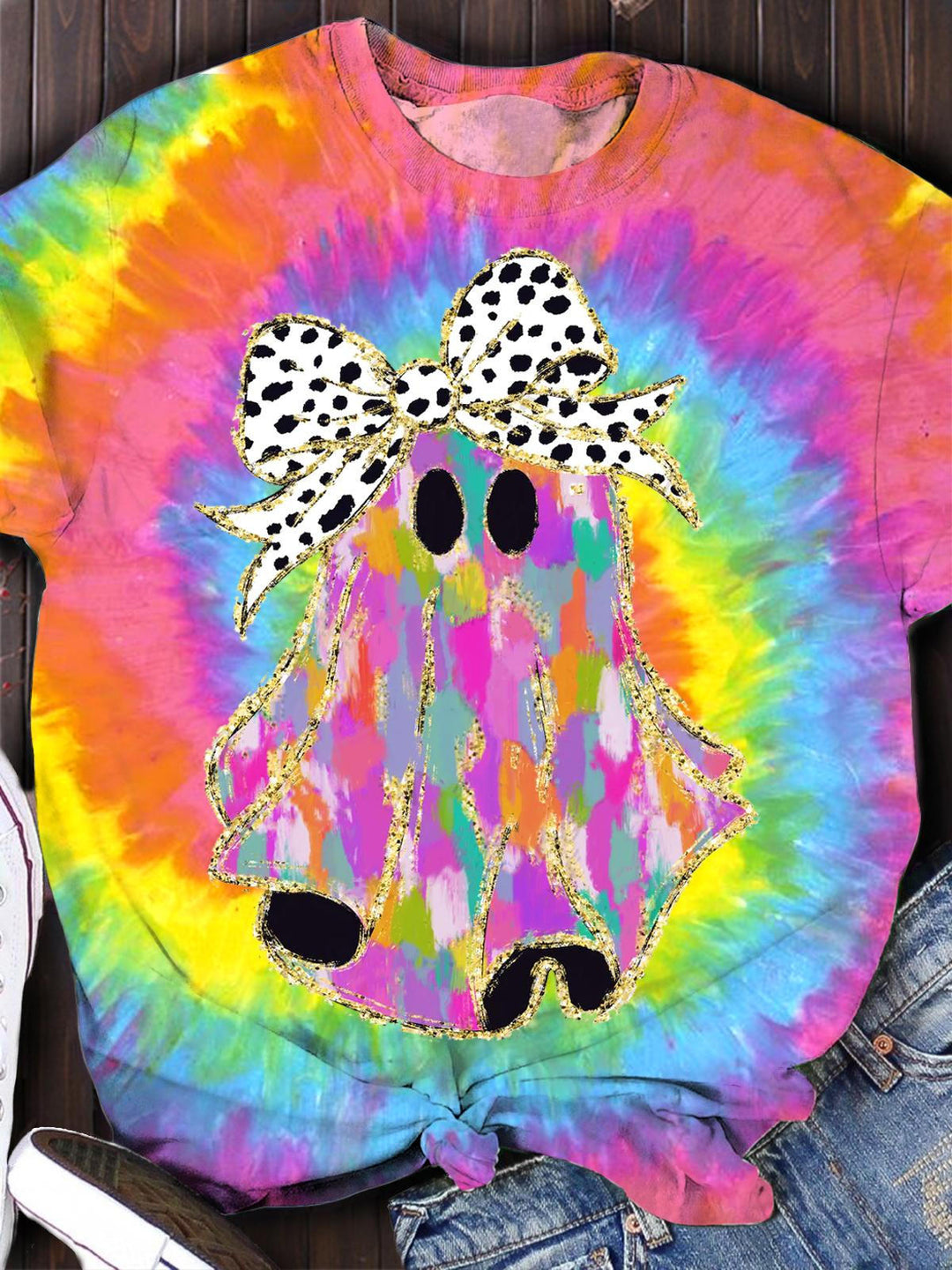 Buntes Halloween-T-Shirt mit Rundhalsausschnitt und Geister-Leopardenmuster