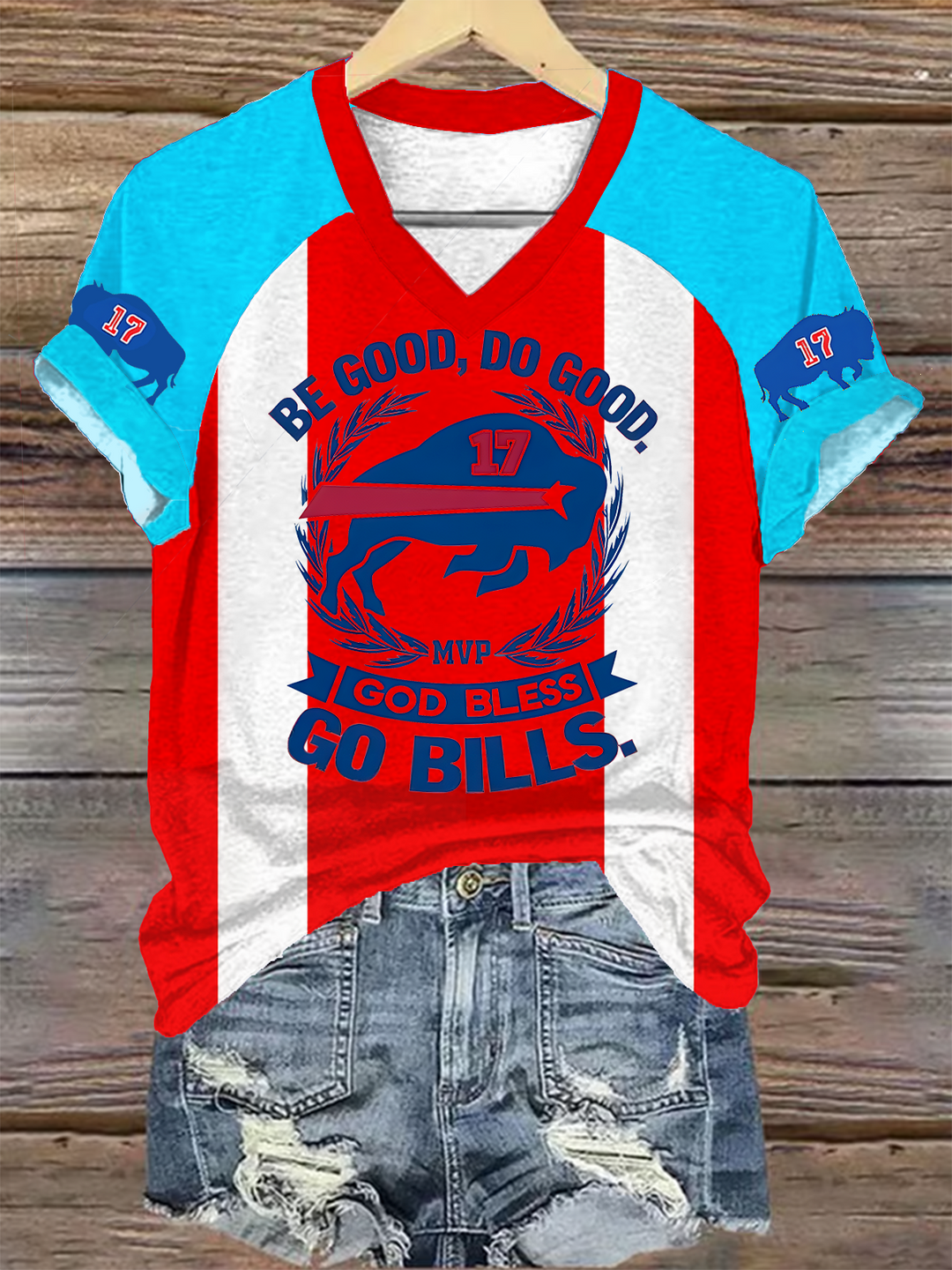 Josh Allen Mvp Sei gut, tu Gutes, Gott segne Go Bills T-Shirt mit V-Ausschnitt