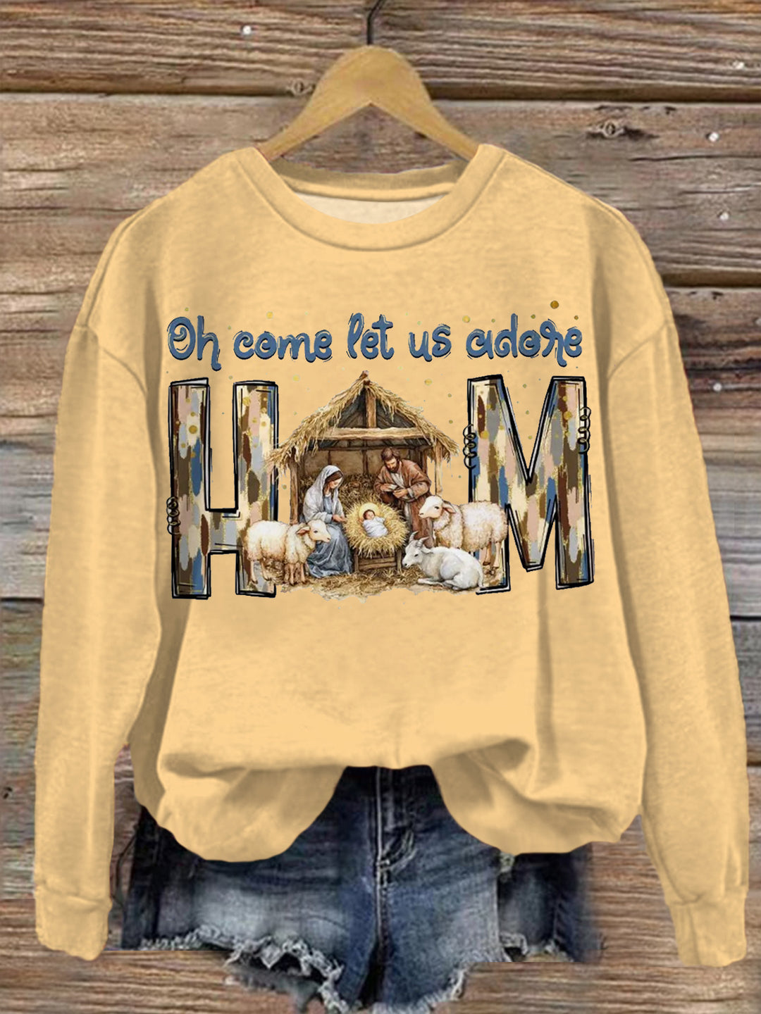 Oh Come Let Us Adore Printed Long Sleeve Casual Top
