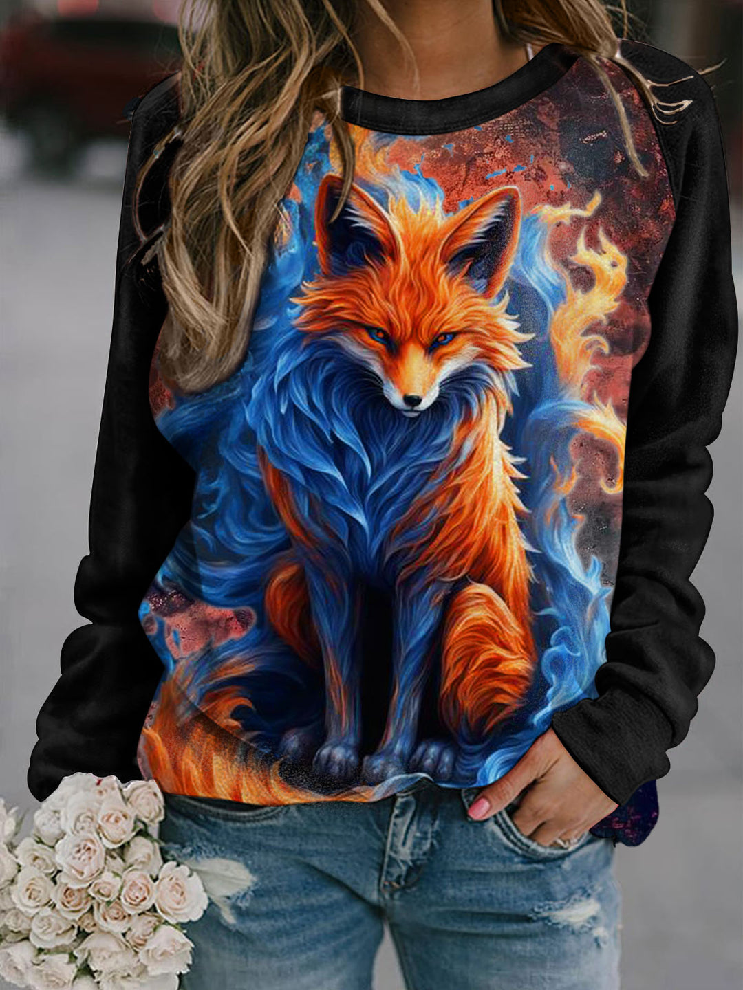 Women's Fox Retro Patchwork Print Casual Long Sleeve Top