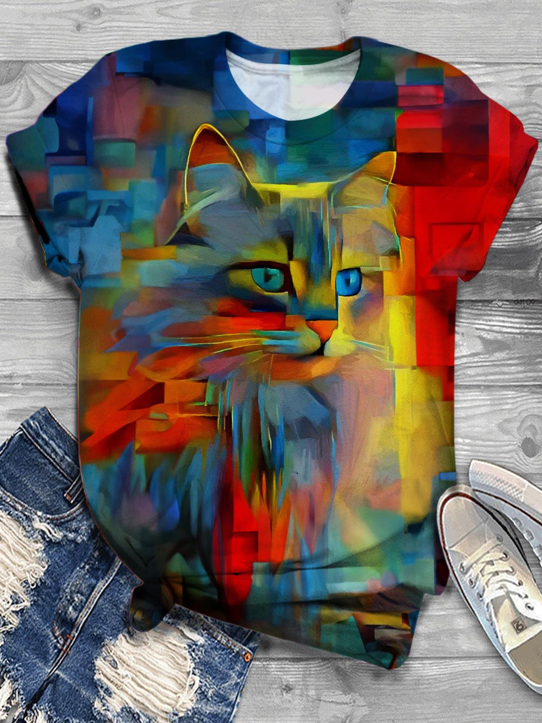 Damen-Top mit künstlerischem Farbblock-Katzen-Print