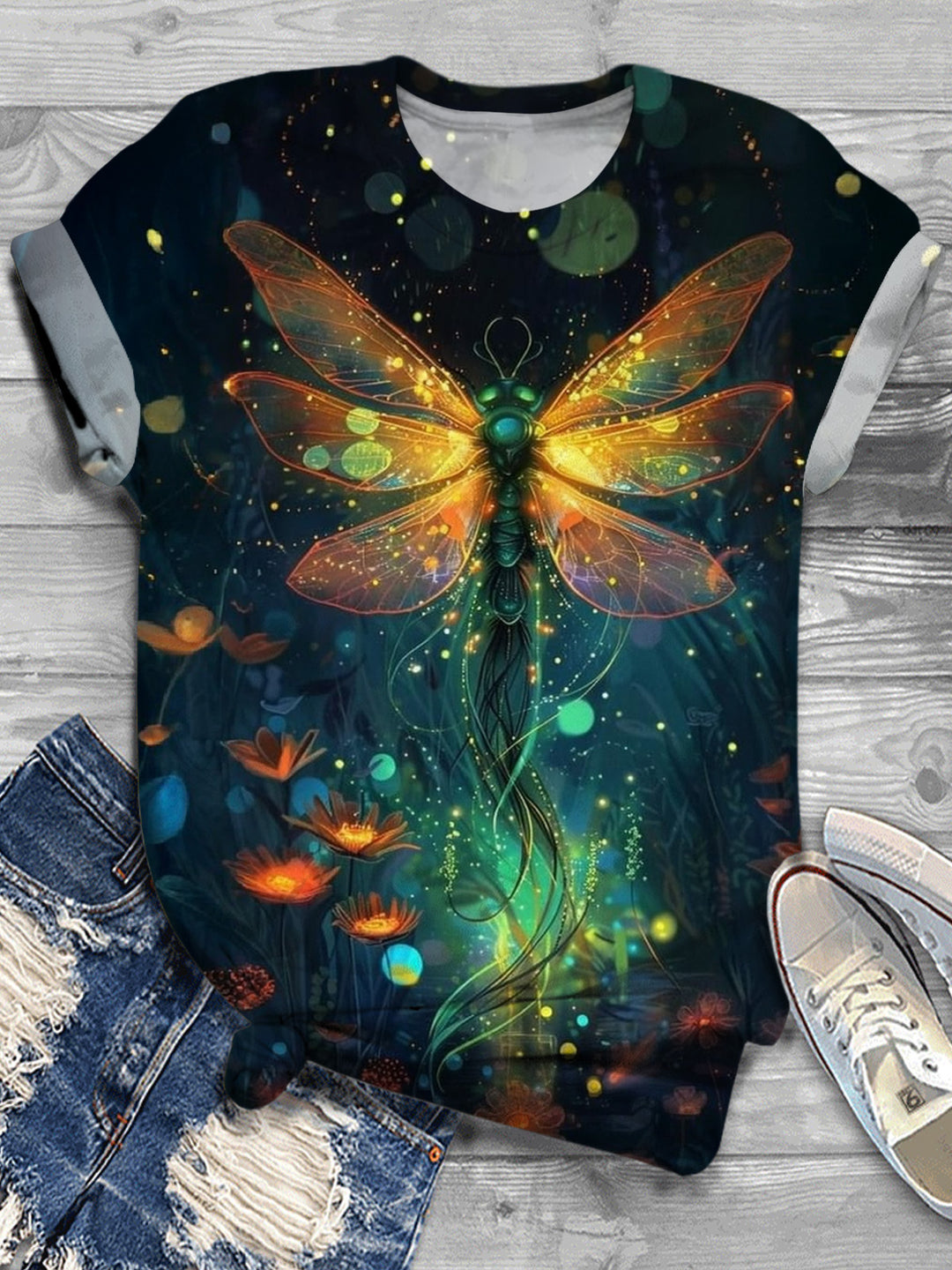 Colorful Dragonfly Print Crew Neck T-shirt
