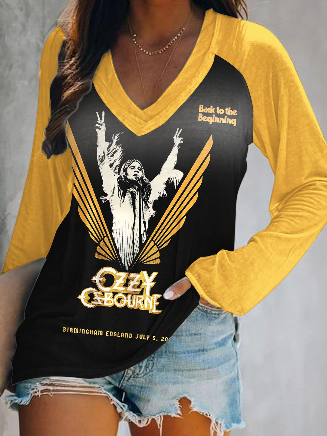 Ozzy Osbourne Print V-Neck Long Sleeve Top
