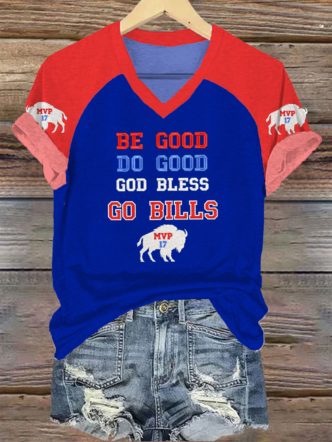 Sei gut, tu Gutes, Gott segne Go Bills T-Shirt mit V-Ausschnitt