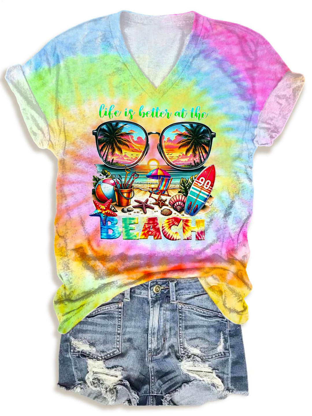 Beach Vacation Summer Happy Print V-neck T-Shirt