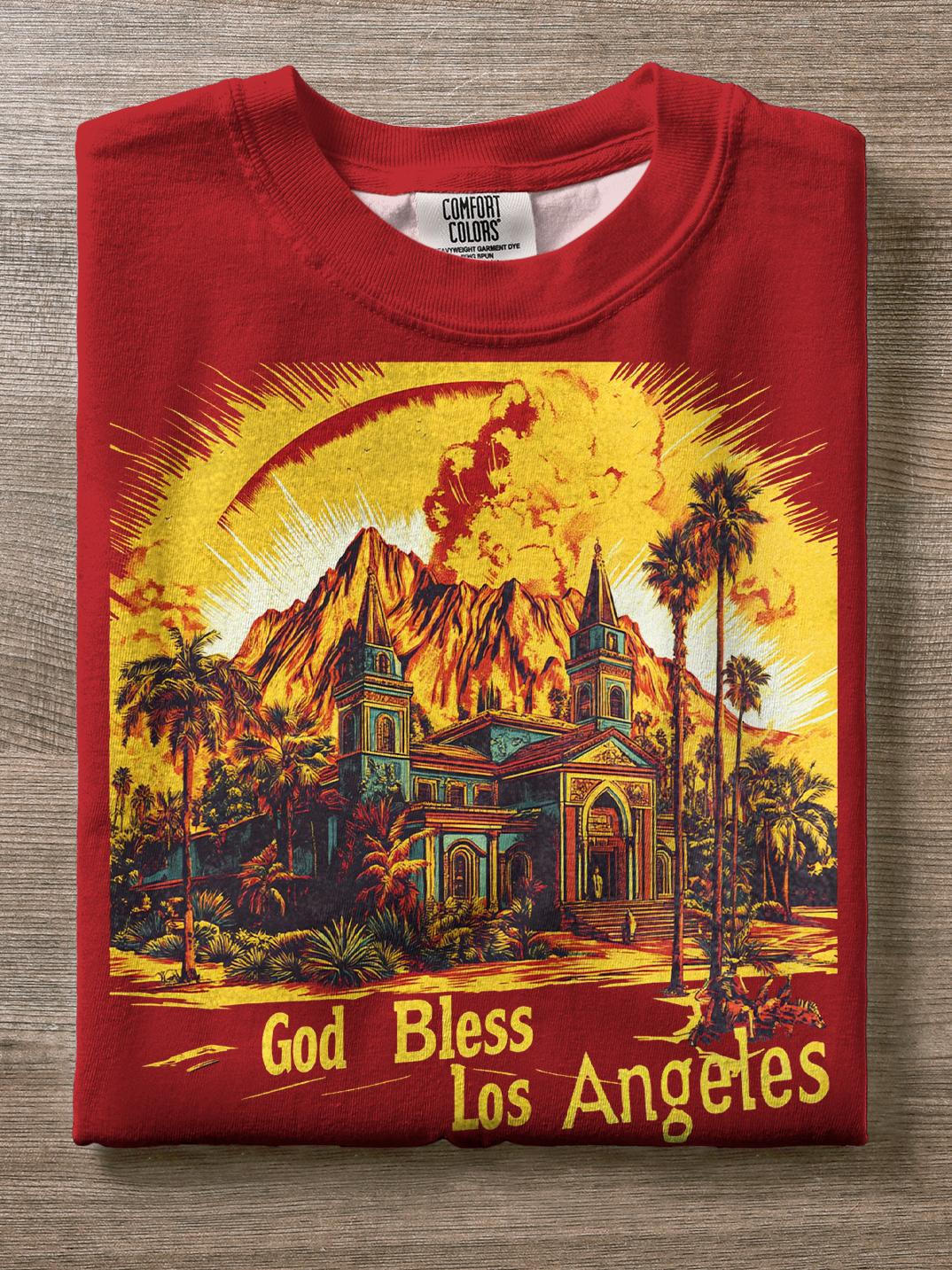 God Bless Los Angeles Art Print Crew Neck T-shirt