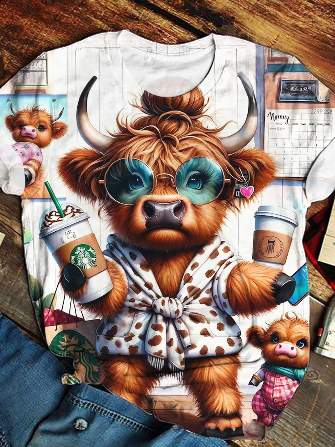 Women's Funny Highland Cow Print Crew Neck Casual Top