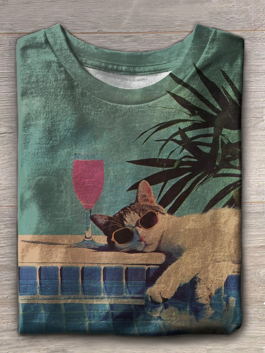 Cat Beach Vacation Crew Neck T-shirt