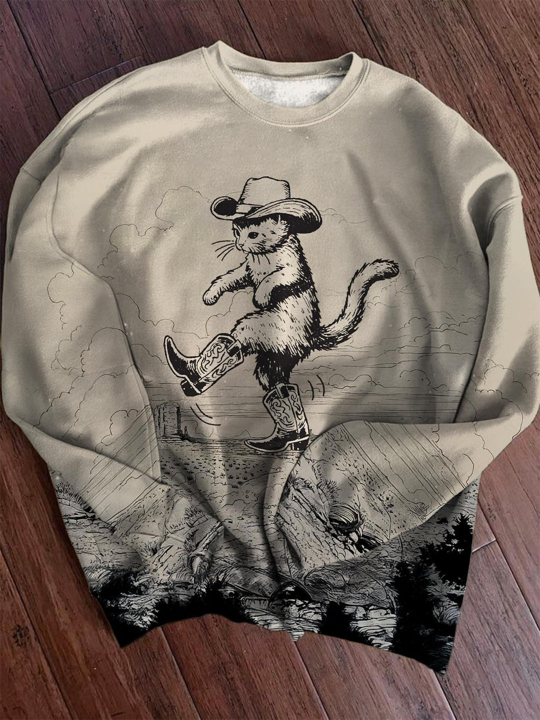 Western Cowboy Cat Printed Long Sleeve Casual Top