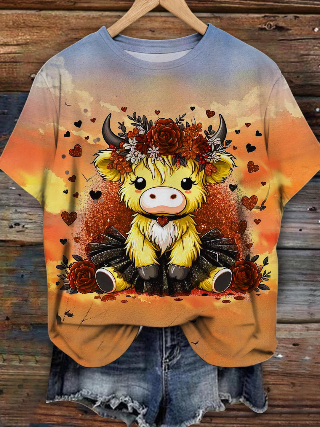 Damen T-Shirt mit süßem Kuh-Liebes-Print, kurzärmelig