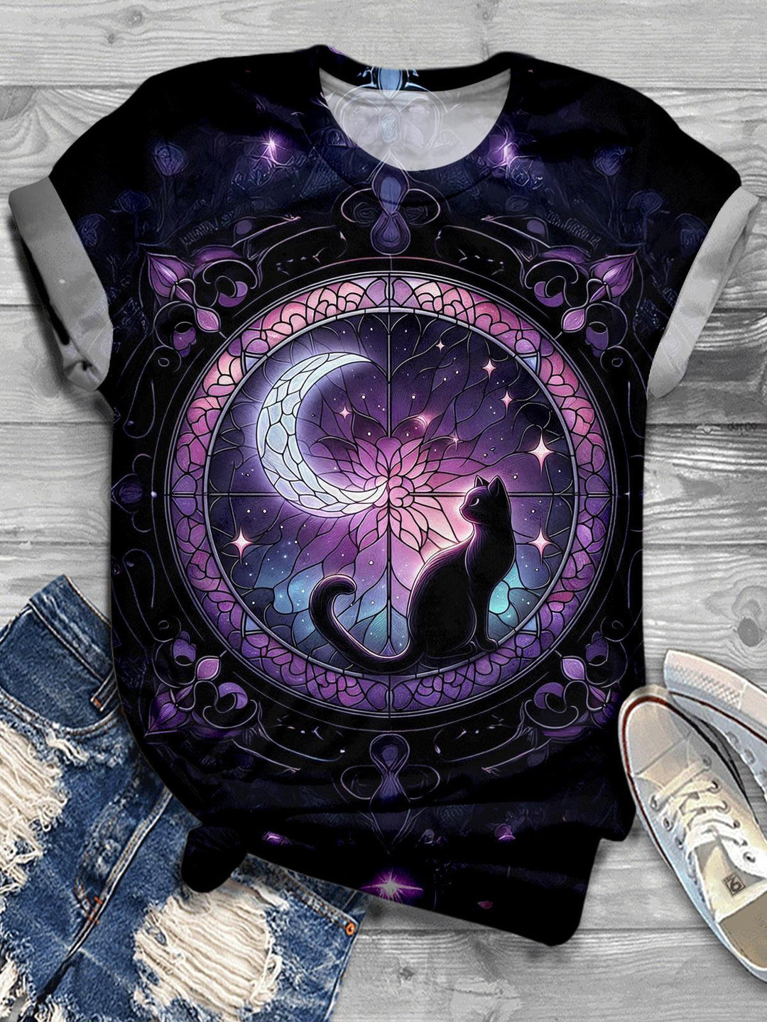 Damen Sternenhimmel Retro Katze Rundhals T-Shirt